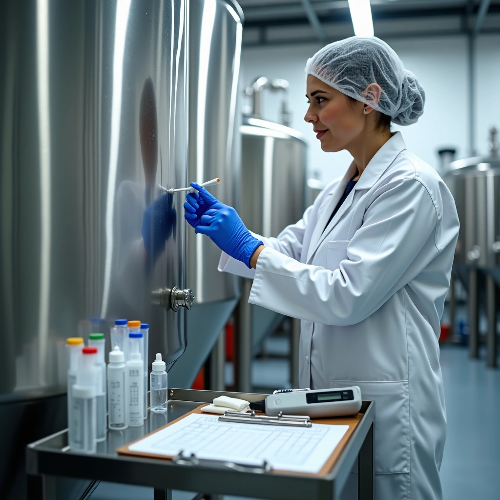 Scientist in protective gear collecting a sample from stainless steel equipment for allergen cleaning validation.