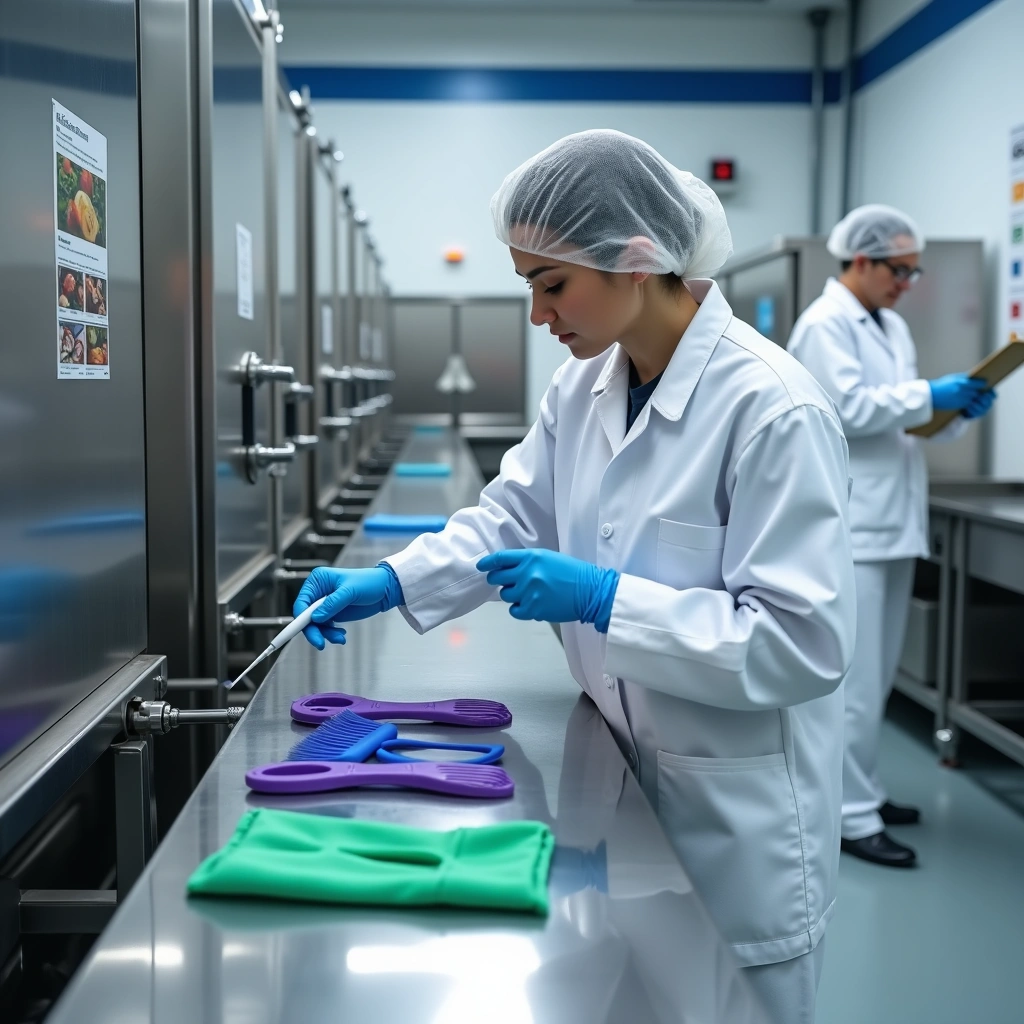 Food safety professionals in protective clothing inspecting equipment in a clean production facility for allergen control.