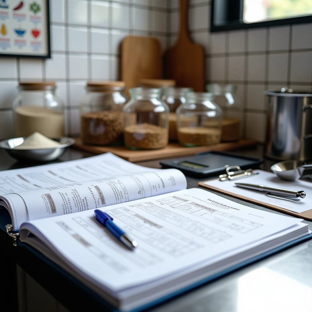 Open audit documents with pen on a kitchen counter, surrounded by jars of food ingredients and measuring tools.