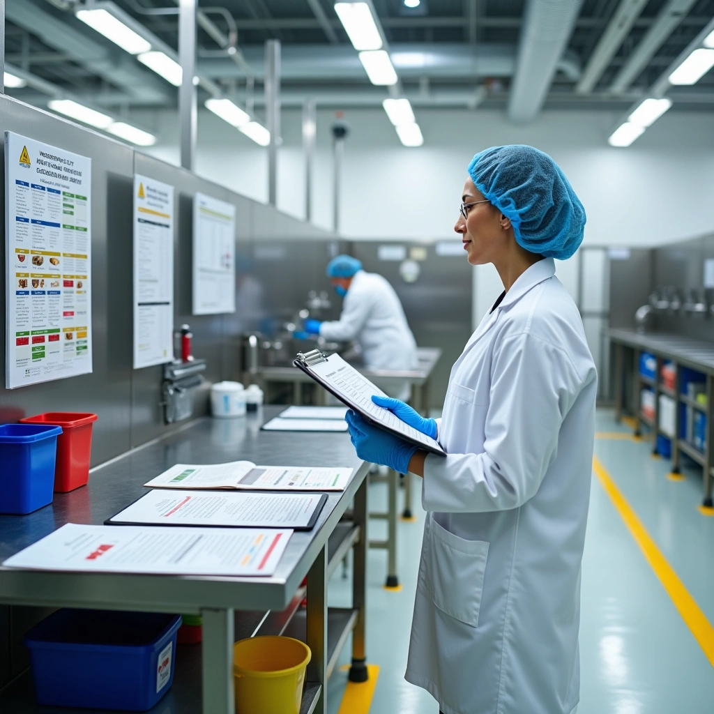 Food safety professionals in lab coats and hairnets review allergen audit checklists in a clean production facility.