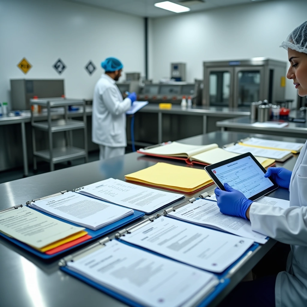 Laboratory workers in protective gear reviewing allergen audit documents and digital records in a clean facility.