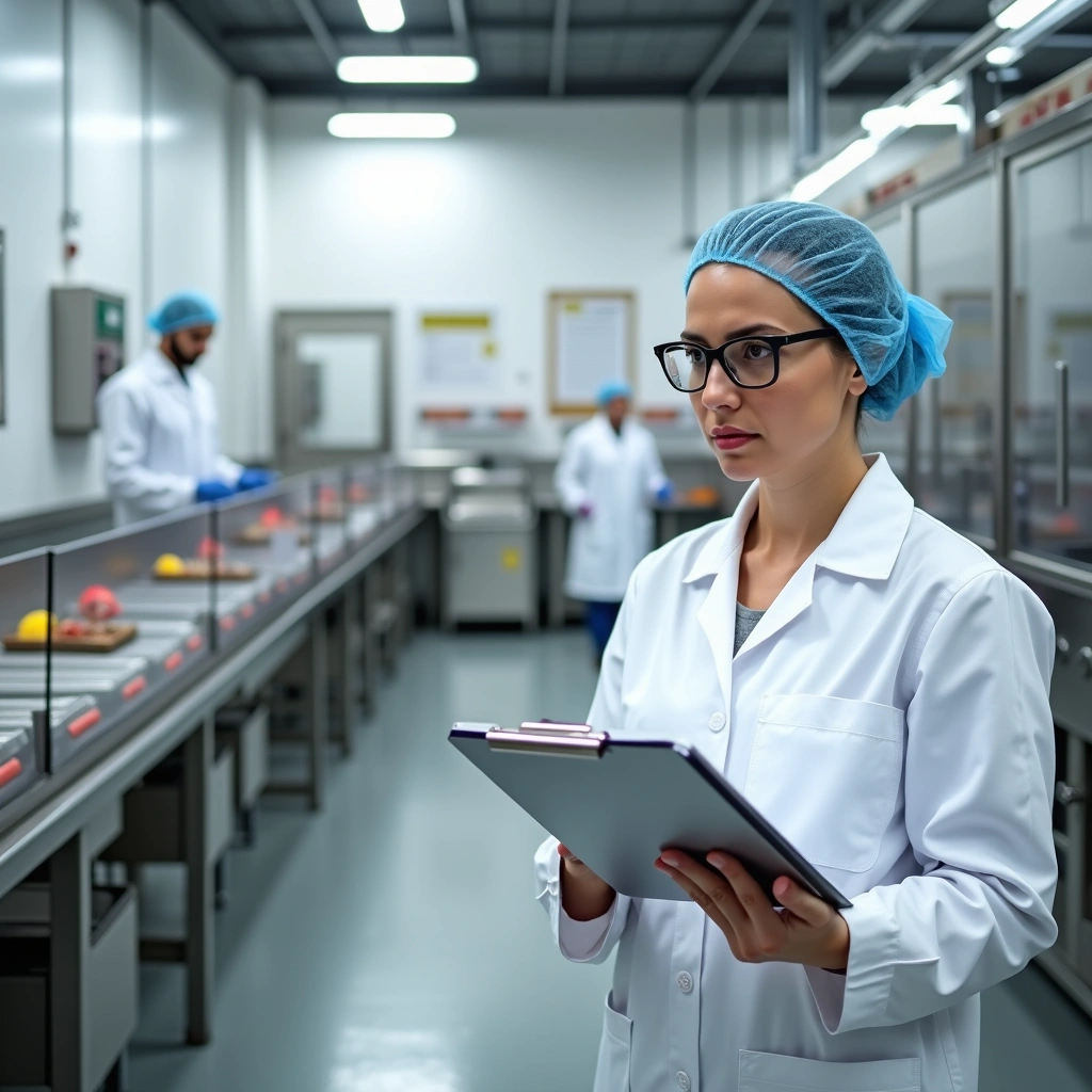 Food safety inspector in a lab coat and hairnet holding a clipboard during a third-party allergen audit in a processing facility.