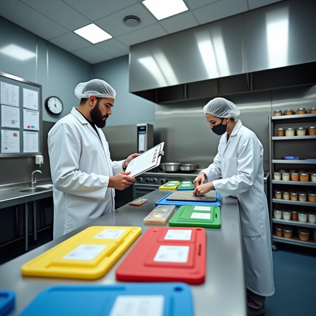 Two food safety inspectors in a lab checking allergen samples and reviewing audit documents for unannounced SALSA audits.